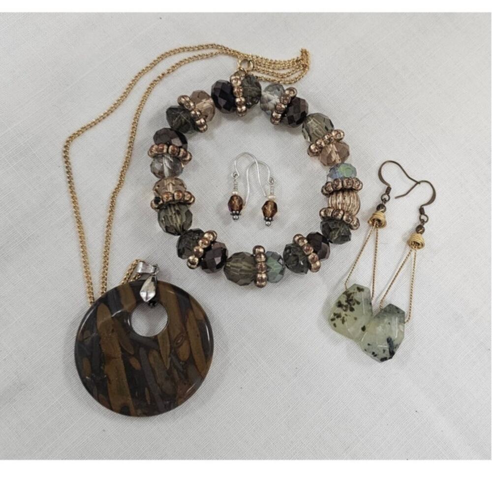 Natural Stone Statement Jewelry Ensemble, Dinsoaur Bone, Faceted Beads, Prehnite